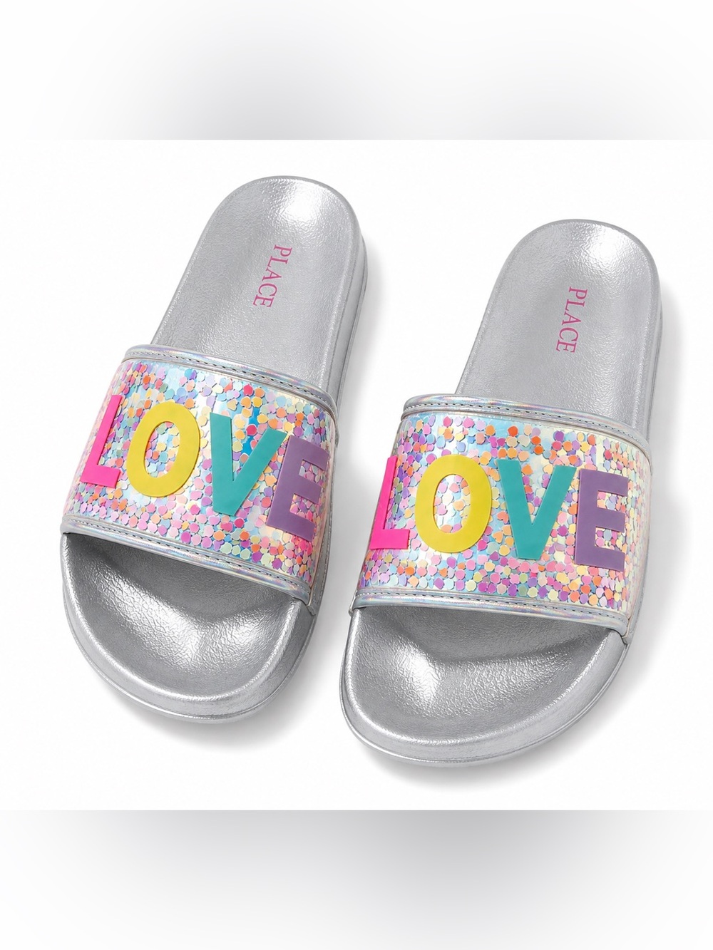 Place Kids Silver Slide Sandals with Multicolor 'LOVE' Letters